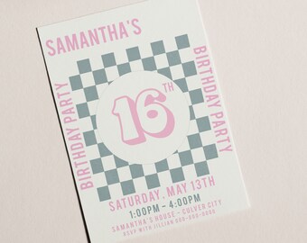 Checkered Birthday Invitation Template|INSTANT DOWNLOAD|Funky Retro Checkered Invitation|Birthday Invitation|Retro Thank You Tag Included