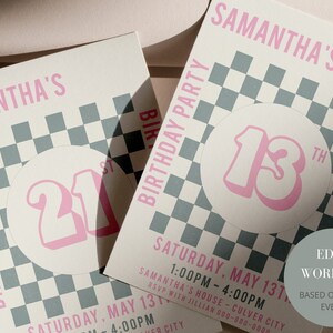 May include: A birthday party invitation with a chequered background in grey and white. The invitation features a pink number 13 in a circle. The text on the invitation reads "Samantha's 13th Birthday Party" and includes the date and time of the party. The text "Edit Wording Based on Your Event" is also included.