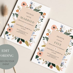 May include: A floral-themed invitation with a peach background. The text reads "Olivia is getting married, please join us to celebrate! Saturday, March 25 at noon. The Treehouse Club, 193 Olive Dr, Santa Monica, CA".