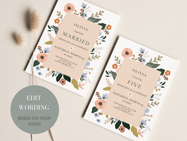 May include: A floral-themed invitation with a peach background. The text reads "Olivia is getting married, please join us to celebrate! Saturday, March 25 at noon. The Treehouse Club, 193 Olive Dr, Santa Monica, CA".