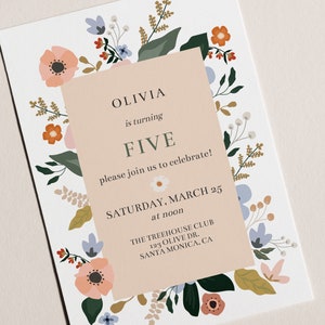 May include: A floral-themed invitation for a birthday party. The invitation is for Olivia's fifth birthday and includes the date, time, and location of the party. The invitation is decorated with a floral border and a pink background.