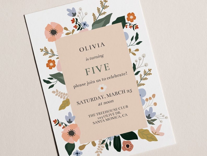 May include: A floral-themed invitation for a birthday party. The invitation is for Olivia's fifth birthday and includes the date, time, and location of the party. The invitation is decorated with a floral border and a pink background.