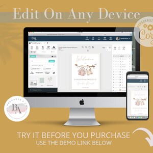 May include: A computer screen and a mobile phone display a mockup of a wedding welcome sign with a watercolor illustration of birds and branches. The sign says "Welcome" and "Samantha & Michael's Baby Reveal". The text "Edit On Any Device" is displayed above the image.