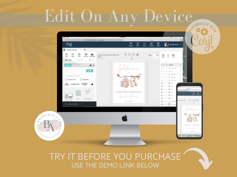 May include: A computer screen and a mobile phone display a mockup of a wedding welcome sign with a watercolor illustration of birds and branches. The sign says "Welcome" and "Samantha & Michael's Baby Reveal". The text "Edit On Any Device" is displayed above the image.