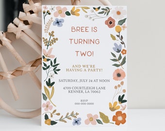 Floral Birthday Invitation|Flower Invitation|Floral Party|Flower Birthday Party|INSTANT DOWNLOAD|First Birthday Invite|Birthday Invitation