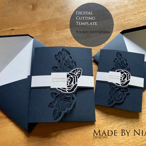 SVG Rose Hochzeitseinladung Pocketfold Vorlage (ai, svg, dxf, eps) Vektordatei Muster digitaler Download