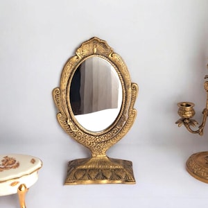 Gold Vintage Brass Makeup Mirror – 25cm, Ornate Peacock and Floral Design