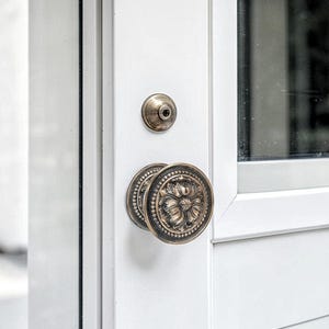Può includere: Primo piano di una porta bianca con una maniglia in ottone antico e una rosetta abbinata. La maniglia presenta un motivo floreale. La porta fa parte di un esterno bianco.