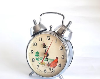 70s Vintage Twin Bell Chicken Clock, Pecking Chicken Clock, Vintage Mechanical Clock, Wind-up Nostalgic Clock