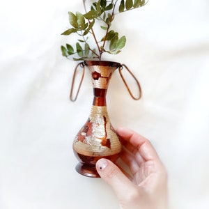 Handgemaakte koperen vaas met twee handvatten, 15 cm, bloemdessin