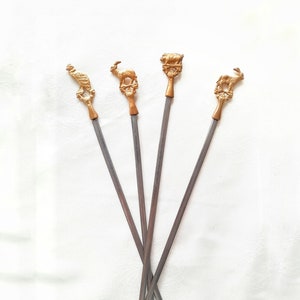 Stainless Steel Grilling Barbecue Skewers Set, Brass Animal Handles, Vintage Party Accessories