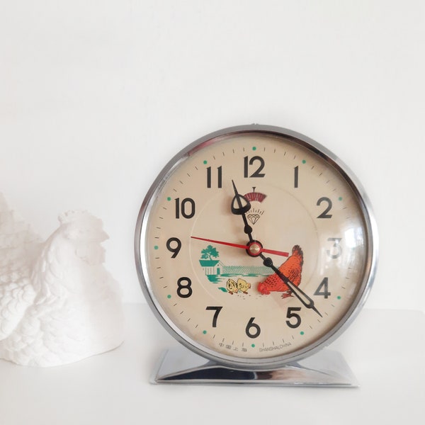 Horloge poulet beige vintage des années 70, horloge poulet picorant, horloge mécanique vintage, horloge nostalgique à remonter