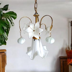 Vintage Floral Murano Glass Chandelier, White Flowers, Golden Brass, Crystal Ornaments