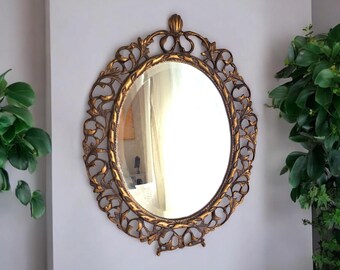Vintage Brass Mirror – 47cm x 37cm, Ornate Floral Design, Wall-Mounted or Leaning