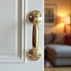 May include: A polished brass door pull handle with a curved bar and circular mounting plates. The handle is mounted on a white door with vertical paneling. The background is blurred, showing a glimpse of a room.