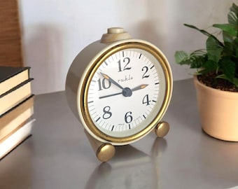 Vintage Beige Wind-Up Clock – Minimalist Mechanical Ruhla Alarm Clock from GDR