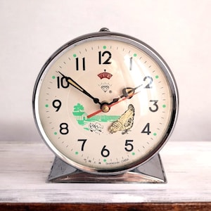 70s Vintage Chicken Clock | Rare Blue Wind-Up Mechanism Pecking Chicken Clock