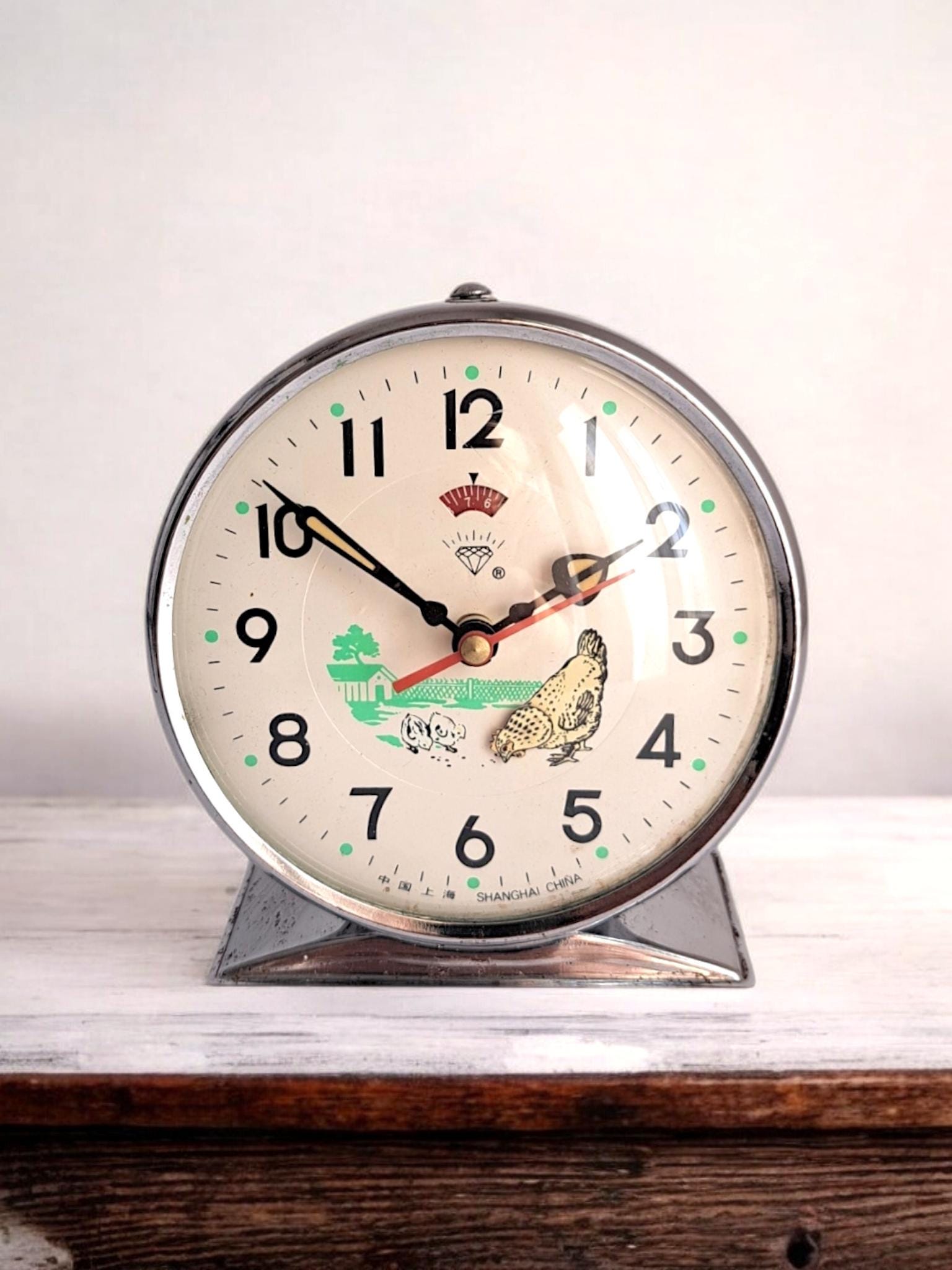70s Vintage Chicken Clock | Rare Blue Wind-Up Mechanism Pecking Chicken Clock
