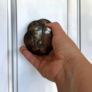 Op de afbeelding: Een ronde, donkerbronskleurige deurknop met een getextureerd, gesegmenteerd oppervlak dat doet denken aan een pompoen of een bloem. De knop heeft een centraal cirkelvormig detail en is gemonteerd op een witte deur met verticale panelen.
