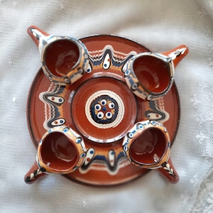 Handmade Terracotta Gravy Boat Set – 4 Pots & 1 Plate, Traditional Turkish &quot;Nazar Beads&quot; Design