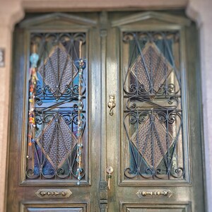 vintage brass cat knocker on green door