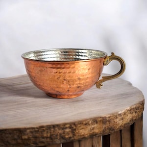 Hand-Hammered Copper Bowl with Handle – Turkish Tin-Lined Vintage Reproduction for Serving or Home Decor