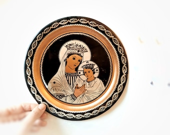 Copper Round Plate, Virgin Mary with Baby Jesus