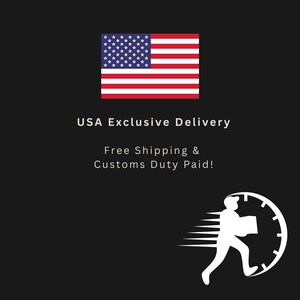 May include: Image with the American flag and the text "USA Exclusive Delivery". Below the text is "Free Shipping & Customs Duty Paid!". A white silhouette of a person carrying a package is running towards a clock.