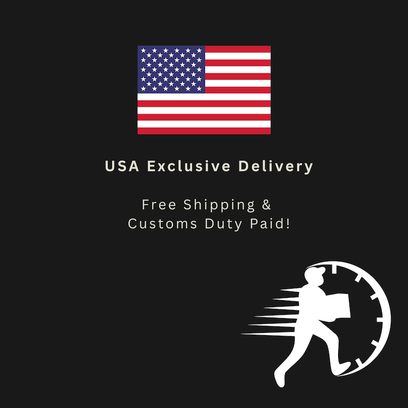 May include: Image with the American flag and the text "USA Exclusive Delivery". Below the text is "Free Shipping & Customs Duty Paid!". A white silhouette of a person carrying a package is running towards a clock.