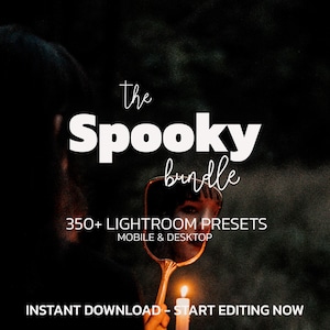 Könnte beinhalten: Dunkles Bild mit dem Text "The Spooky Bundle". Das Bild enthält einen Spiegel, eine brennende Kerze und den Text "350+ Lightroom Presets, Mobile & Desktop, Instant Download - Start Editing Now."