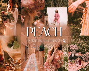 May include: A set of 10 Lightroom presets called "Peach" for editing photos with warm, peachy tones. The presets are designed to enhance the colors and create a soft, dreamy look.