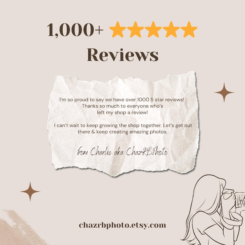 Pode incluir: Gr&aacute;fico com o texto "1.000+ Avalia&ccedil;&otilde;es" e cinco estrelas douradas. Um elemento de papel rasgado cont&eacute;m texto que agradece aos clientes pelas avalia&ccedil;&otilde;es e menciona o crescimento da loja. A URL do Etsy da loja tamb&eacute;m est&aacute; inclu&iacute;da.