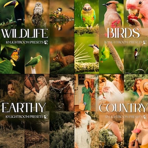 Pode incluir: Uma colagem de imagens com vida selvagem, p&aacute;ssaros e cenas da natureza. A fila superior mostra uma borboleta, um tucano, uma coruja e outros p&aacute;ssaros. A fila do meio inclui um esquilo e um papagaio verde. A fila inferior apresenta pessoas e cavalos. O texto diz "WILDLIFE", "BIRDS", "EARTHY" e "COUNTRY".