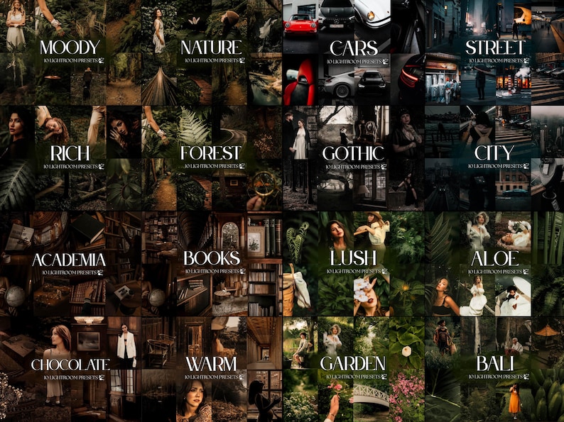 May include: A digital collection of Lightroom presets organized into sixteen distinct categories including Moody, Nature, Cars, Street, Rich, Forest, Gothic, City, Academia, Books, Lush, Aloe, Chocolate, Warm, Garden, and Bali, each featuring ten presets.