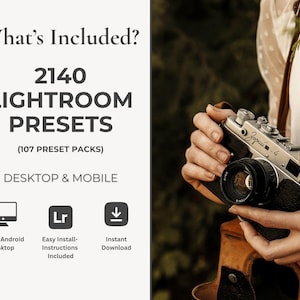 May include: Image features a vintage camera held by a person, with a leather case. Text overlay reads "What's Included? 2140 Lightroom Presets (107 Preset Packs) Desktop & Mobile." Icons for iPhone, desktop, Lightroom, and download are also shown.
