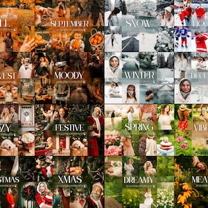May include: A collage of images with seasonal themes, including "Fall," "September," "Snow," "Hockey," "Harvest," "Moody," "Winter," "December," "Cozy," "Festive," "Spring," "Vibrant," "Christmas," "Xmas," "Dreamy," and "Meadow."