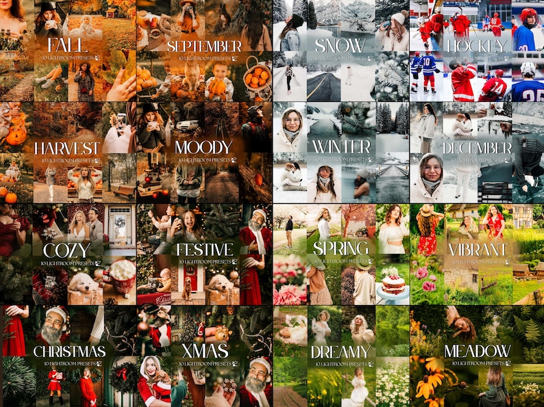 May include: A collage of images with seasonal themes, including "Fall," "September," "Snow," "Hockey," "Harvest," "Moody," "Winter," "December," "Cozy," "Festive," "Spring," "Vibrant," "Christmas," "Xmas," "Dreamy," and "Meadow."
