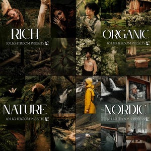 Pode incluir: Uma colagem de imagens com as palavras "RICH", "ORGANIC", "NATURE" e "NORDIC" em texto branco. Cada palavra est&aacute; acima do texto "10 LIGHTROOM PRESETS". As imagens apresentam pessoas e cenas naturais com diversas paletas de cores.