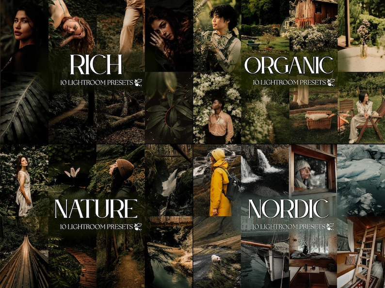 Pode incluir: Uma colagem de imagens com as palavras "RICH", "ORGANIC", "NATURE" e "NORDIC" em texto branco. Cada palavra est&aacute; acima do texto "10 LIGHTROOM PRESETS". As imagens apresentam pessoas e cenas naturais com diversas paletas de cores.