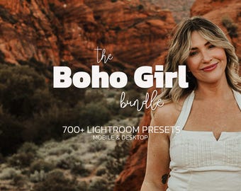May include: The Boho Girl bundle graphic with a woman in a white top. The text includes "The Boho Girl bundle" and "700+ Lightroom Presets Mobile & Desktop" against a blurred natural background.