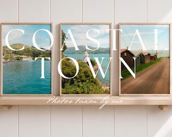 Set of 3 Coastal Town Wall Art, Waves Posters, Summer Surfing Decor, Home Office Prints, Ocean Photography Set