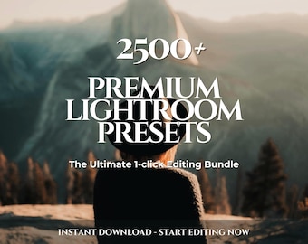 Puede incluir: Una persona con un sombrero y una chaqueta negros se encuentra frente a una cordillera. El texto "2500+ PREMIUM LIGHTROOM PRESETS" se muestra sobre la persona. El texto "The Ultimate 1-click Editing Bundle" se muestra debajo de la persona. El texto "INSTANT DOWNLOAD - START EDITING NOW" se muestra en la parte inferior de la imagen.
