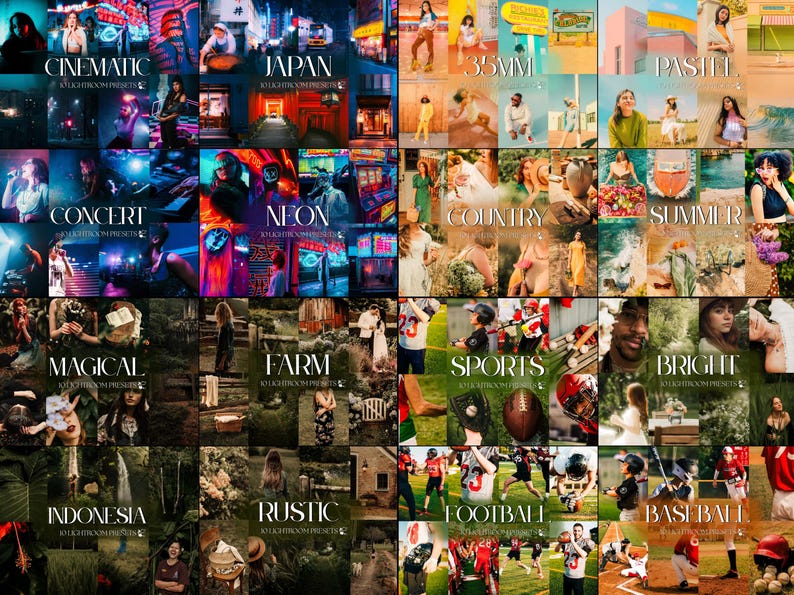 May include: A digital collection of Lightroom presets featuring sixteen distinct categories including Cinematic, Japan, 35mm, Pastel, Concert, Neon, Country, Summer, Magical, Farm, Sports, Bright, Indonesia, Rustic, Football, and Baseball.