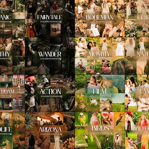 May include: A collage of images with various themes, including "Organic," "Fairytale," "Bohemian," and "Cottage." Other themes include "Earthy," "Wander," "Mommy," and "Natural." Additional themes are "Amsterdam," "Action," "Family," "Wildlife," "Arizona," "Birds," and "Influencer."