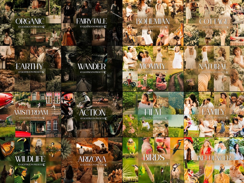 May include: A collage of images with various themes, including "Organic," "Fairytale," "Bohemian," and "Cottage." Other themes include "Earthy," "Wander," "Mommy," and "Natural." Additional themes are "Amsterdam," "Action," "Family," "Wildlife," "Arizona," "Birds," and "Influencer."
