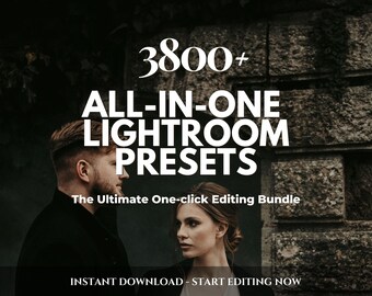 May include: Image with the text "3800+ ALL-IN-ONE LIGHTROOM PRESETS" in white, and the tagline "The Ultimate One-click Editing Bundle." The words "INSTANT DOWNLOAD - START EDITING NOW" are also visible. Two people are in the background.
