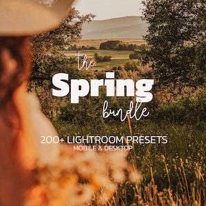 May include: An outdoor scene with the text "The Spring bundle" in white, plus "200+ Lightroom Presets" and "Mobile & Desktop". The background shows a field, trees, and mountains, with a warm, golden colour palette, evoking a sense of spring.