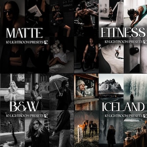 May include: A collage of images with text overlays. The text includes "MATTE", "FITNESS", "B&W", and "ICELAND", each followed by "10 LIGHTROOM PRESETS". The images feature diverse themes, including fitness, landscapes, and portraits, all in a monochromatic style.