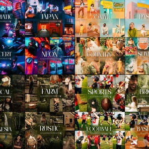 May include: A collage of images showcasing various Lightroom presets. The presets are categorized with text overlays such as "Cinematic," "Japan," "Concert," "Neon," "Magical," "Farm," "Indonesia," "Rustic," "35MM," "Country," "Sports," "Football," "Baseball," and "Bright."