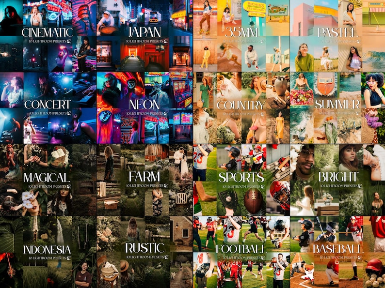 May include: A collage of images showcasing various Lightroom presets. The presets are categorized with text overlays such as "Cinematic," "Japan," "Concert," "Neon," "Magical," "Farm," "Indonesia," "Rustic," "35MM," "Country," "Sports," "Football," "Baseball," and "Bright."